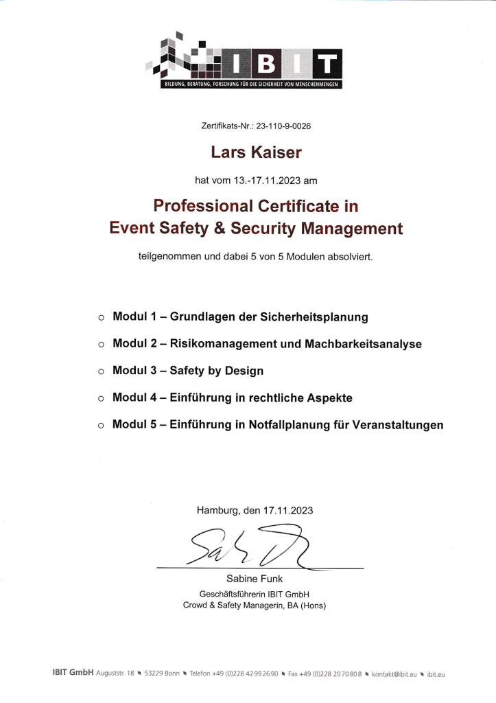 2023 Zertifikat IBIT Event-Safety & Security-Management Lars Kaiser